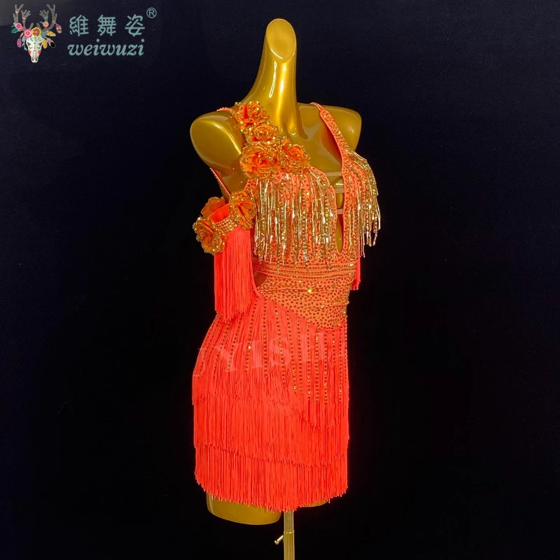 زي الراقصة اللاتينية للأطفال البالغين الراقية مخصصة من حجر الراين المجوف فستان أداء حجر الراين السامبا