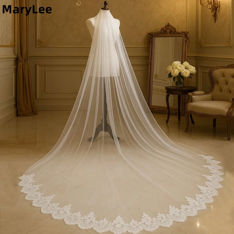 

Customized Vintage Wedding Veil with Mantilla Lace Appliques Edge 3M Cathedral Bride Veil with Comb 1 Tier Church Bridal Veil