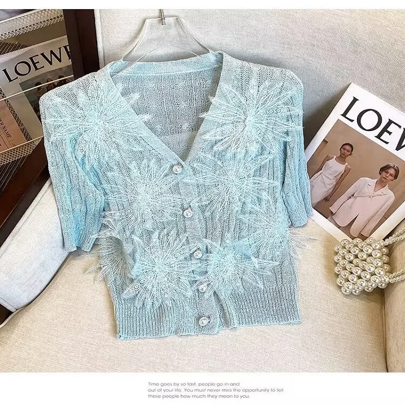 

Womens Knit Cardigan Flower Lace Embroidered Thin Sweater