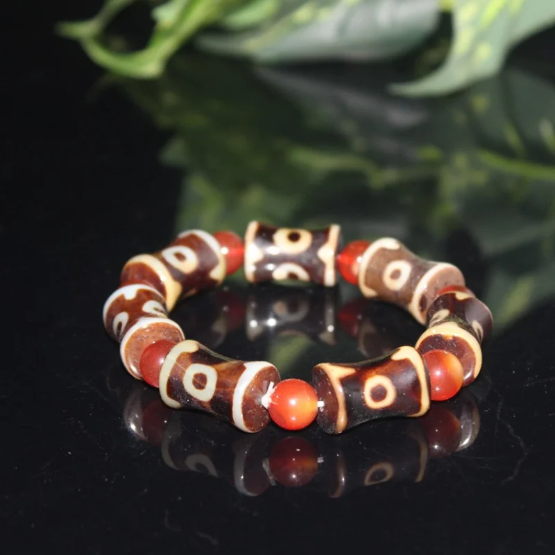 Ming Qing Ancient Imitation Old Agate Knot Three-Eyed Dzi Bead Bracelet Hand String