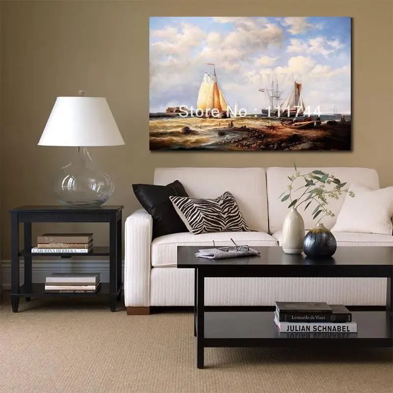 Shipping Artwork Modern Painting on Canvas Home Decor Incoming Dutch Fishing Boats Museum Quality Hand Painted Free Shippin