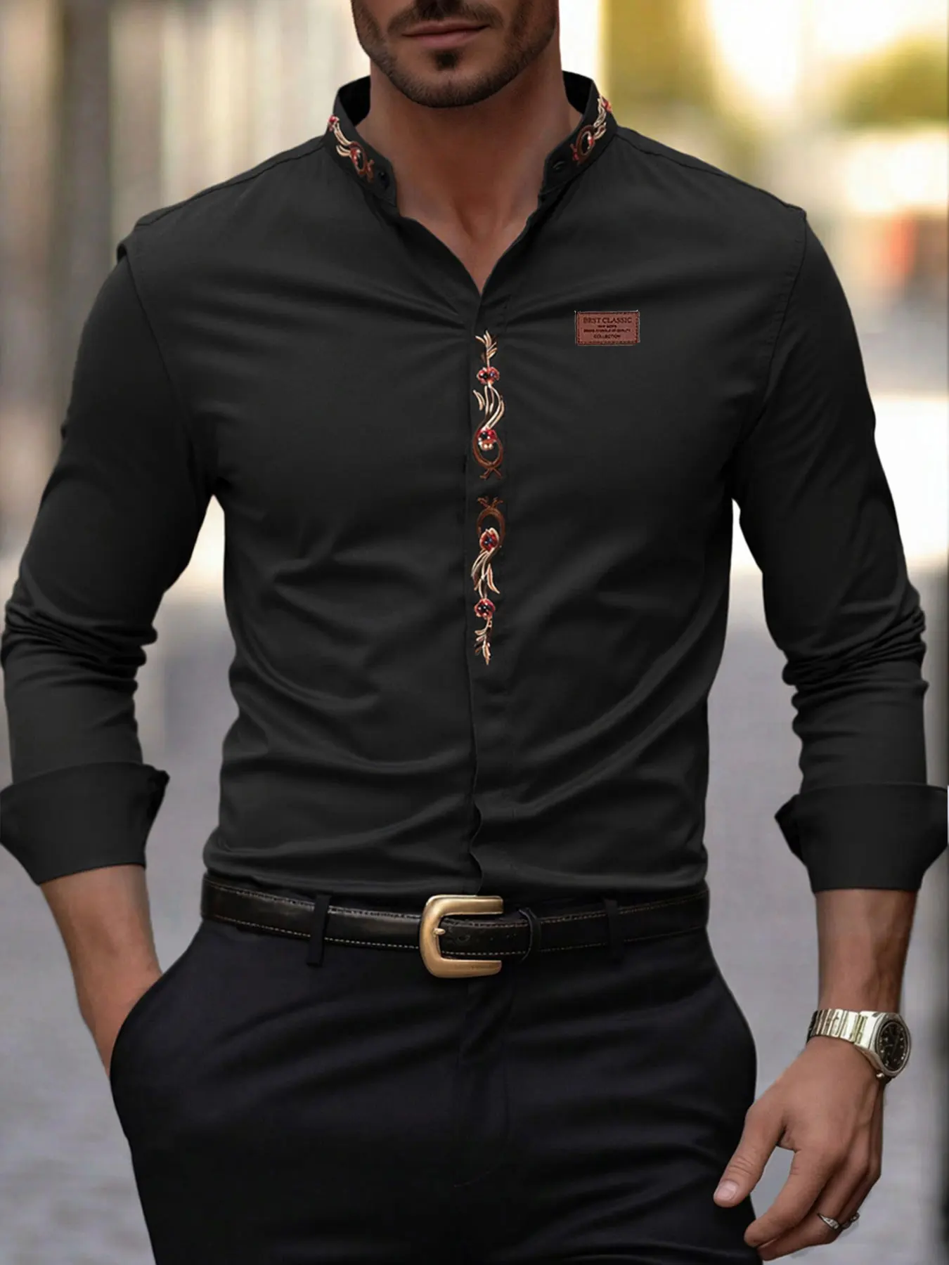 Men's Stand up Collar Embroidered Casual Long Sleeved Shirt Streetwear Button up Shirt Top