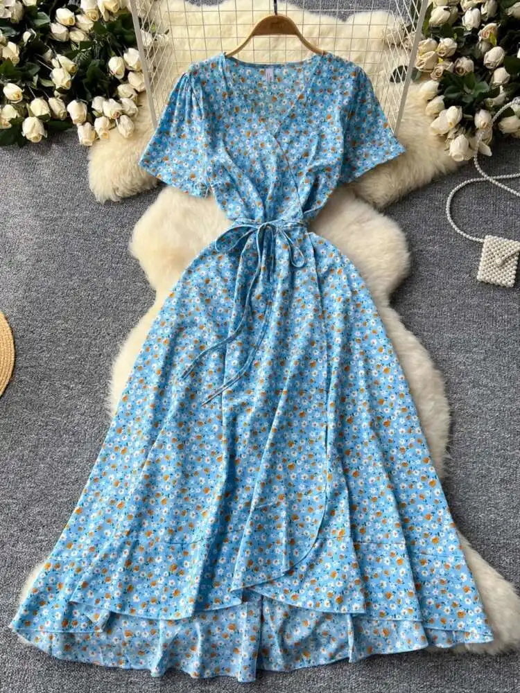 レディースプリントビーチドレス 夏 セクシー Vネック レースアップ 半袖 花柄ワンピース フレンチスリム Aライン ボヘミアン ロングローブ ワンピース