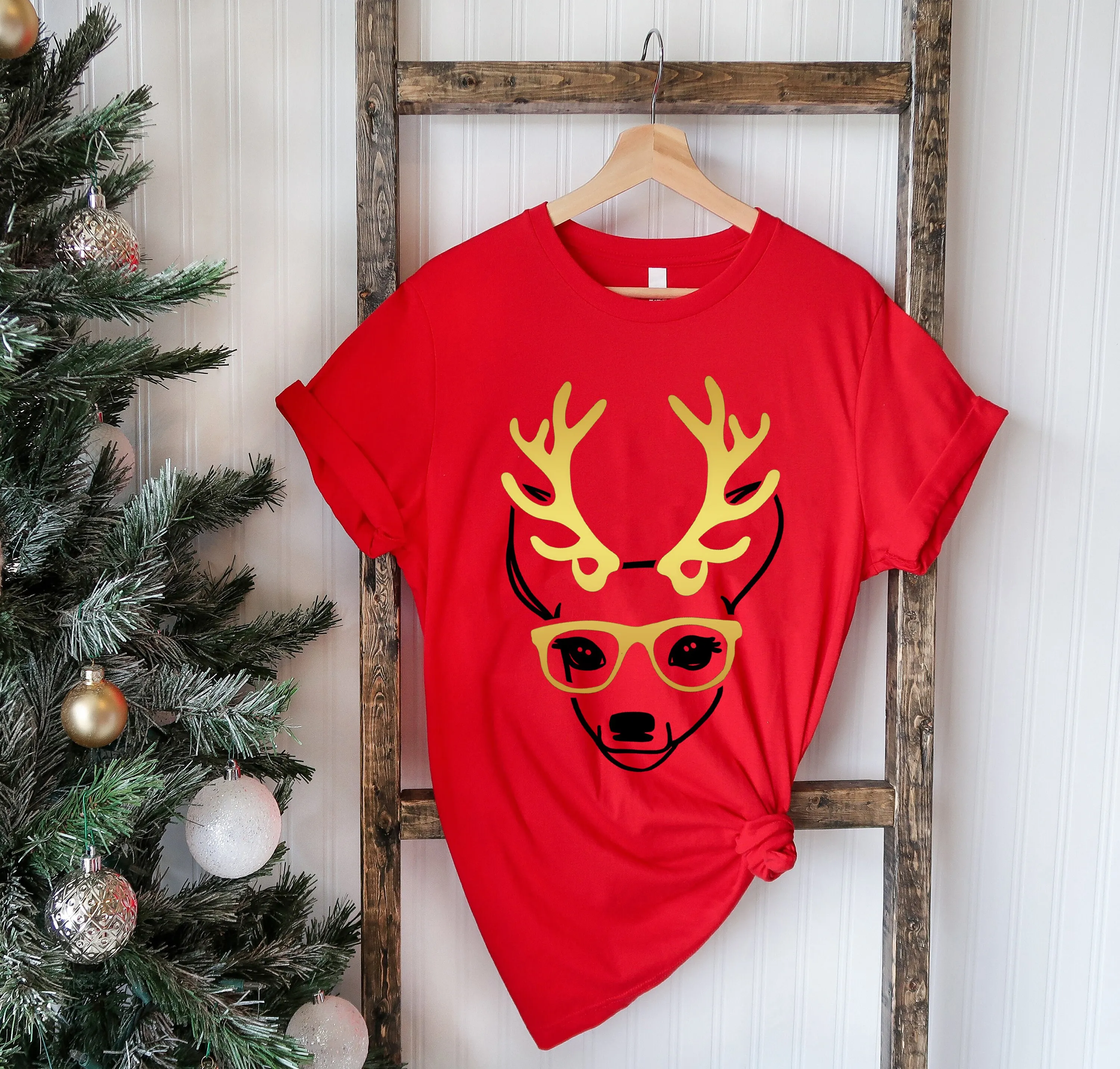 

Deer with Glasses T Shirt Merry Christmas s for Her Funny PJM Family