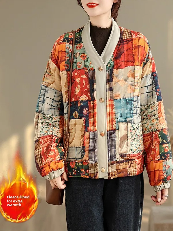 

Retro Cotton Linen Filled Warmth Women's Jaet Loose Thiened V-Ne Printed Outerwear for Winter Season Long Sve