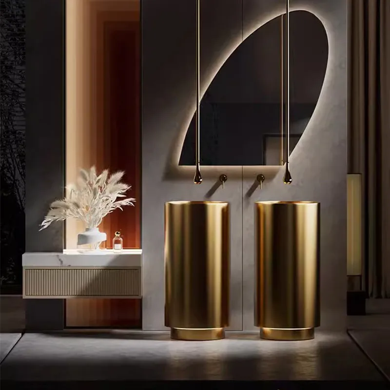 

Gold stainless steel column washbasin floor standing hotel sink bar toilet round column basin