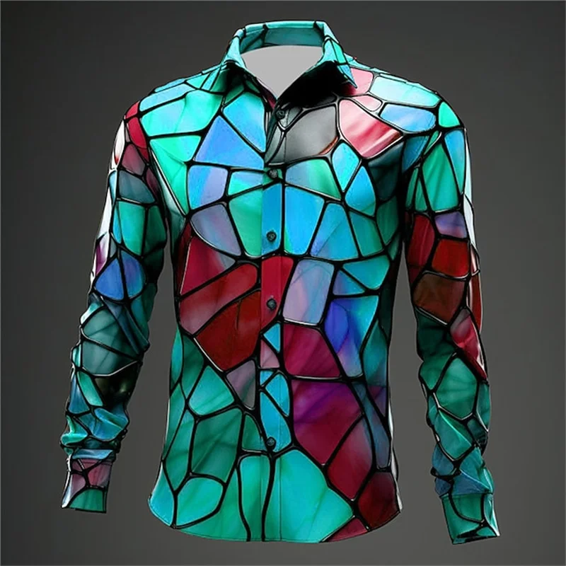 

Colorful Artistic Abstract Pattern Hawaiian Shirts For Men Color Block 3D Printed Blouse Casual Loose Aloha Shirts Long Sleeves