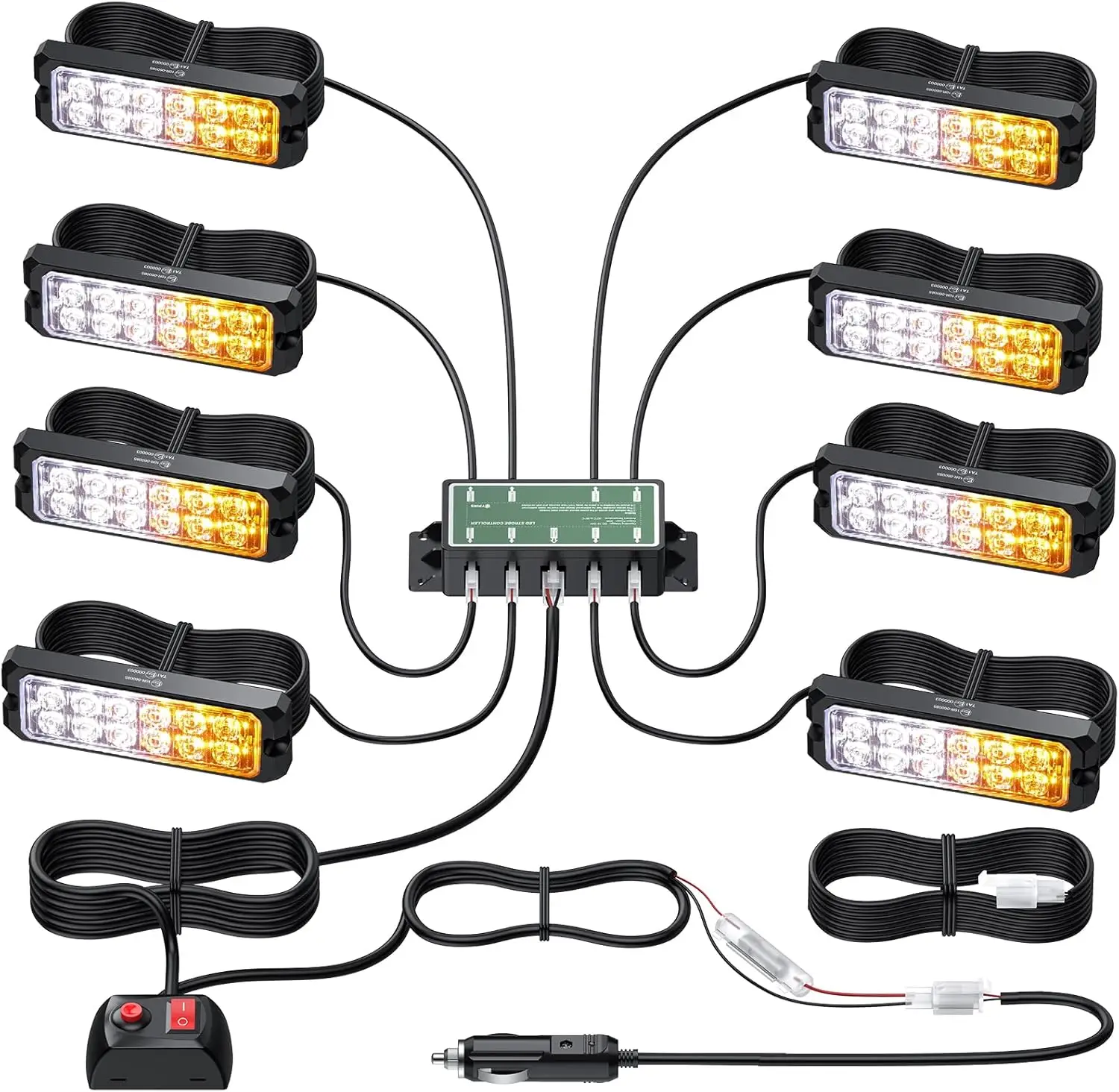

8x12 LED Strobe Light Kit - Surface-Mount Emergency Hazard Warning Strobe Lights for Trucks, Cars 12-24V, Amber/White, 14 Modes