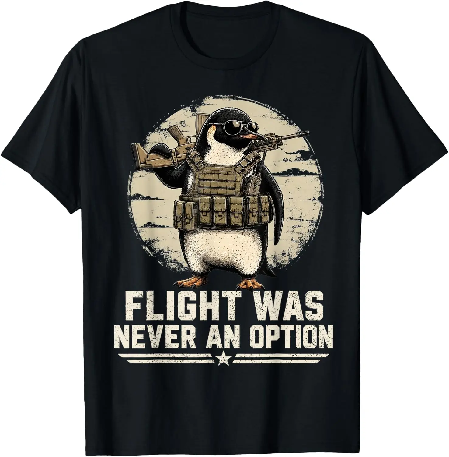Funny Tactical Penguin Flight Was Never An Option Graphic T-Shirt Versatile, heavyweight pure cotton short-sleeve tee—trendy, thick fabric; a great gift for Christmas or Halloween.