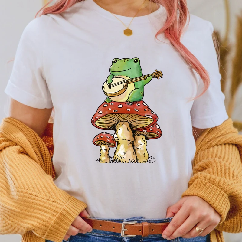 Funny Frog Playing Guitar Goblincore T-Shirt Vintage Boho Mushroom Cottagecore Tee Shirt Stylish Women Toad MILF Cotton Tshirt