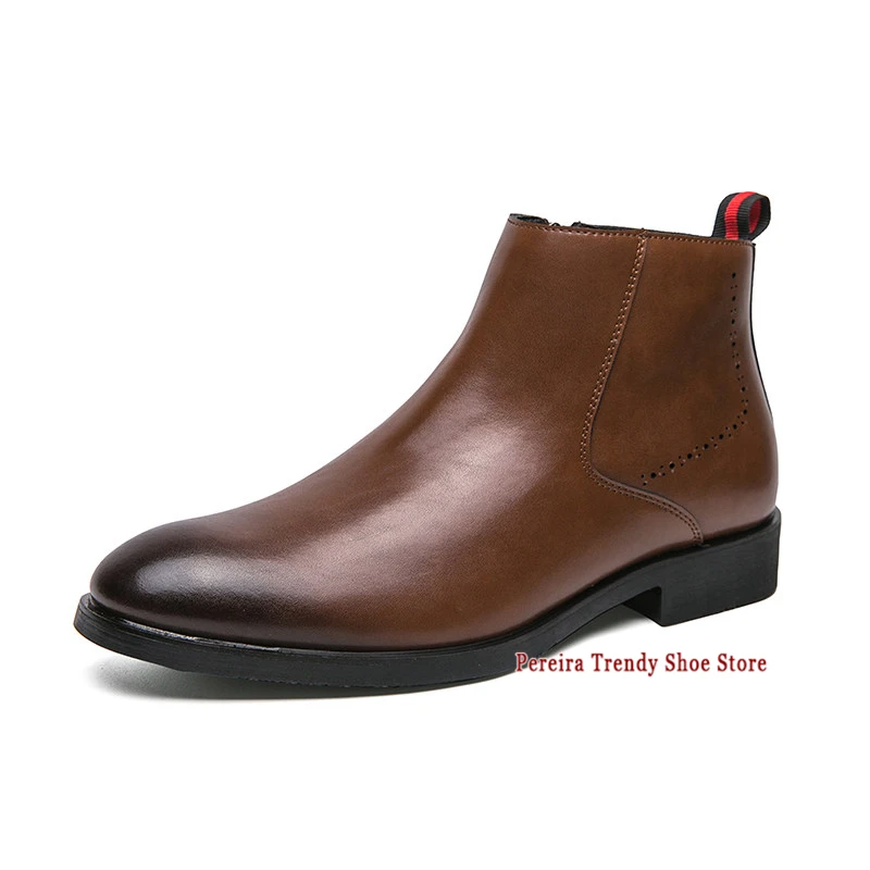 Autumn Winter Men's Ankle Boots Pointed Toe Side Zipper Low Heel Chelsea Boots Breathable Comfortable High Top Shoes Large Size