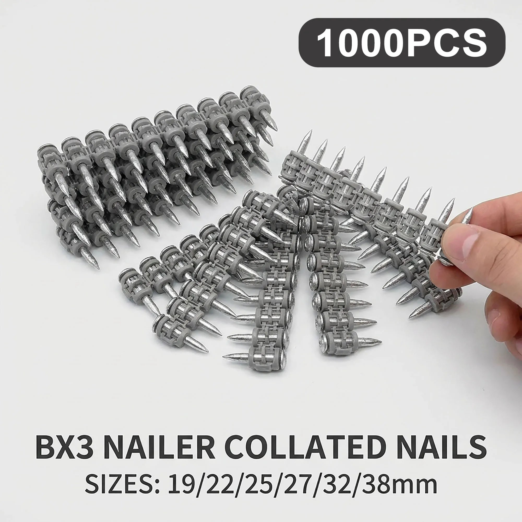 1000PCS 3mm Shank Steel Concrete Nails Compatible with Hilti BX3, 19mm, 22mm, 27mm, 32mm, 38mm for Construction Wood Projects