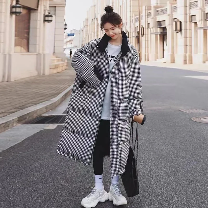 Women Thicken Parka Plaid Down Cotton Stand Collar Jacket Winter New Korean Loose Long Coats Female Warm Padded Parkas Overcoat