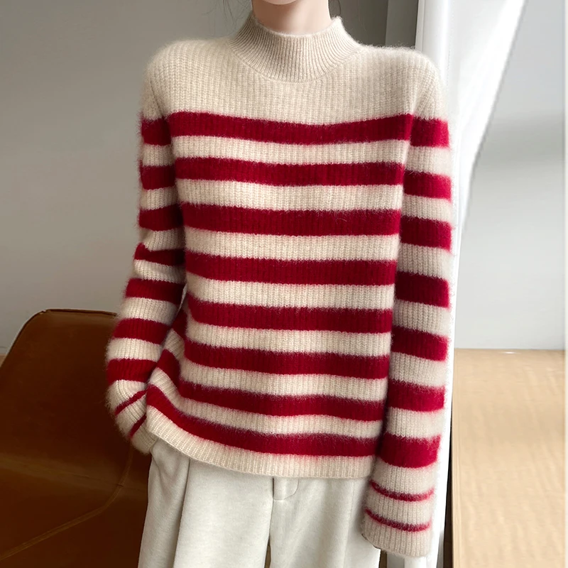 

Color Block Striped Pullover Sweater for Women, Half Turtleneck, 100% Wool Knitwear, Seven Needle Thickened Base Shirt