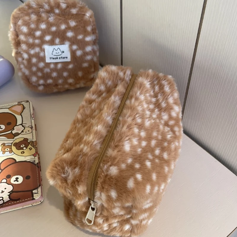 Make-up-Aufbewahrungstasche, Hirsch-/Elch-Plüsch-Kosmetiktasche mit Leopardenmuster, Damen Herbst/Winter Toilettentasche, Clutch-Geldbörse – Detail 10