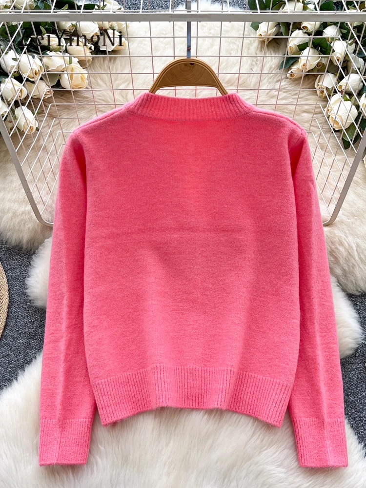 베이잉니 핫스위트 여성용 가디건 시니어 클래시 O넥 싱글 브레스티드 니트웨어 스웨터 여성용 플레인 핑크 그린 탑 아우터웨어