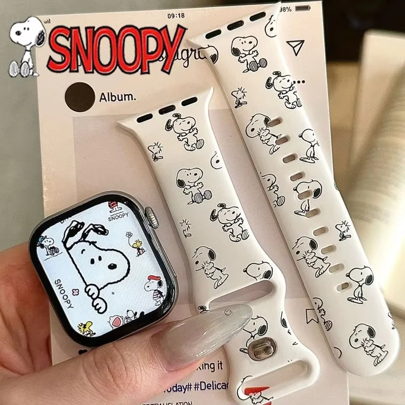 Bracelet de montre Snoopy en silicone imprimé, style dessin animé, pour Apple Watch 38mm 40mm 41mm 42mm 45mm 49mm, cadeau d'anniversaire pour filles