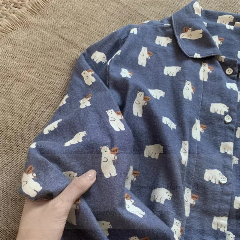 

Женские пижамы темно-синие, одежда для сна, милые хлопковые брюки с маленькими лацканами и длинными рукавами, домашняя одежда для девочек, 2 шт., пижамы De Mujer