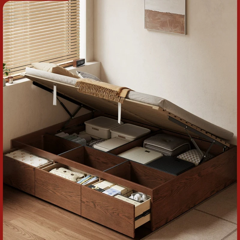 No bedside storage bed Tatami side open drawer box bed Small apartment bed frame Solid wood 1.2 meters single