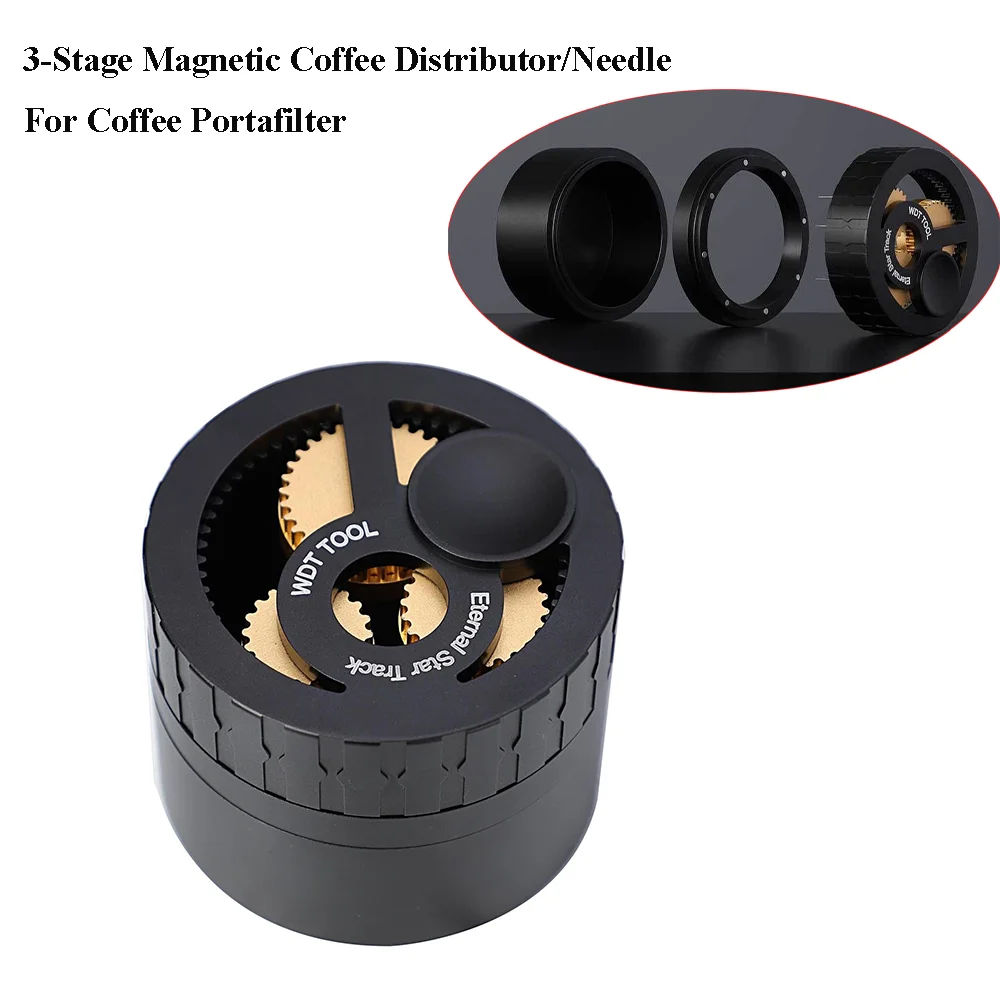 3-Stage Design Magnetic Coffee Distribution Dosing Ring Espresso Coffee Distributor Space Aluminum Star Needle WDT Tool