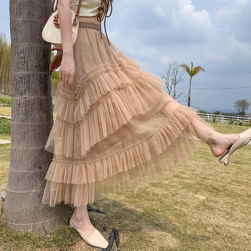 Y2k Tulle Skirt Ladies Elastic High Waist Patchwork French-chic A Line Sweet Mesh Long Skirts Korean Style Dropshipping