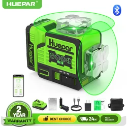 Huepar 360° Laser Level Self Leveling Bluetooth Remote Control Green Beam Cross Line 2D Laser with Large Capacity Li-ion Battery