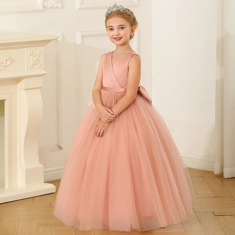 Girl Princess Dresses Pink New Flower Girl Wedding Party Dress V-Neck Girls Gowns Long Sleeveless Beauty Pageant Gown Customized