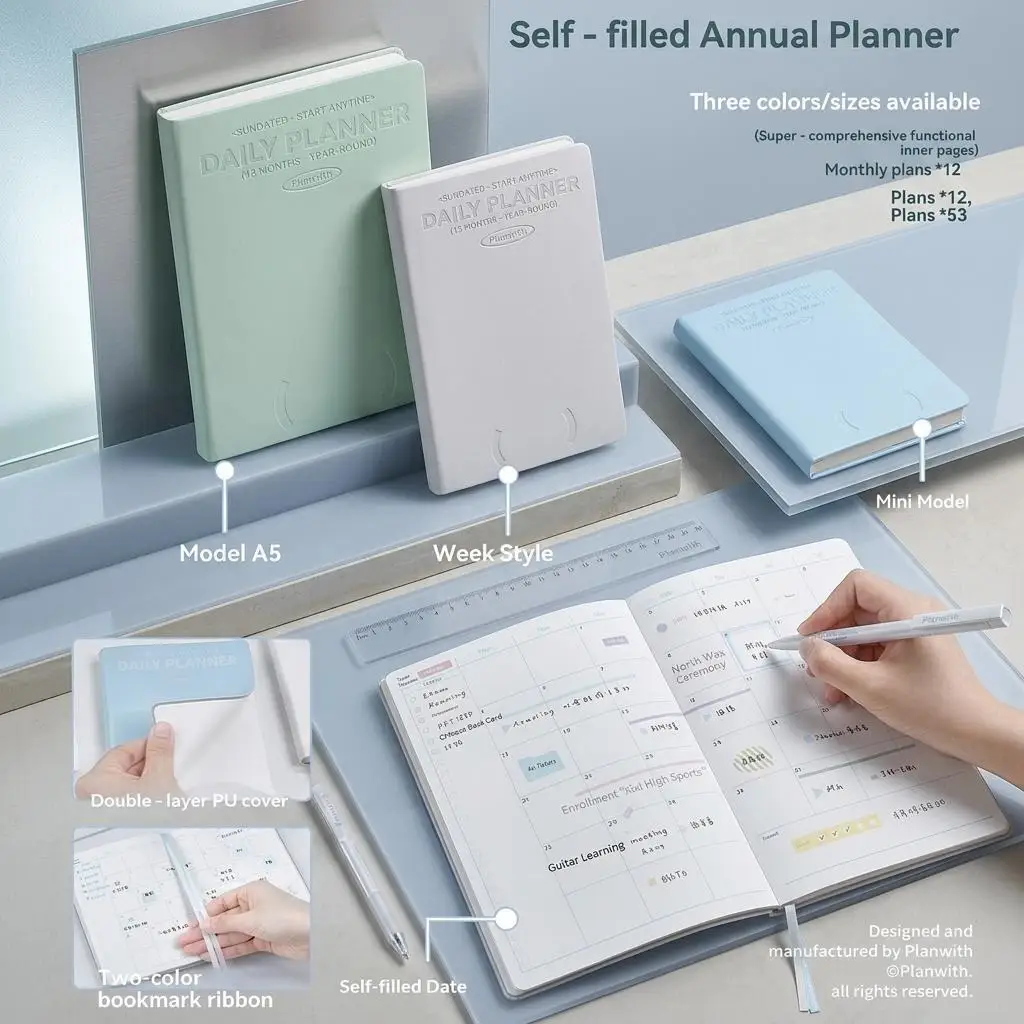 planwith-セルフフィルド式日付なし年間デイリープランナーノートブック、a5＆ウィークプランナー＆ミニサイズオプション、プレミアム二層puカバー