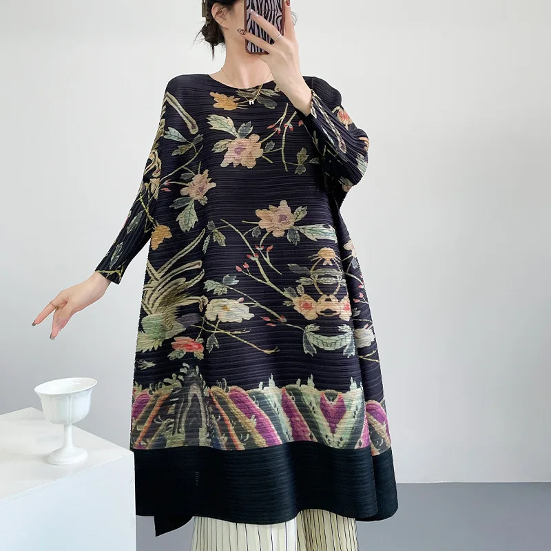 

Miyake плиссированное качественное платье с принтом Jitter, повседневная свободная повседневная плиссированная юбка с длинными рукавами для женщин