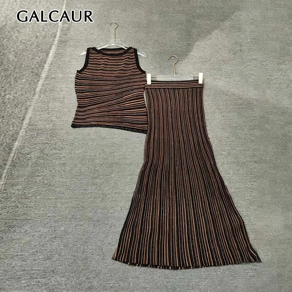 GALCAUR Colorblock Spliced Stripe Slimming Two Piece Set for Women Round Neck Sleeveless Top High Waist Midi Skirt Sets Female