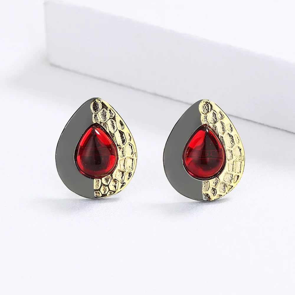 

Vintage Water Drop Shape Necklace Inlaid Red Diopside Earrings 925 Silver Plated Black Gold Jewelry Party Earrings Women