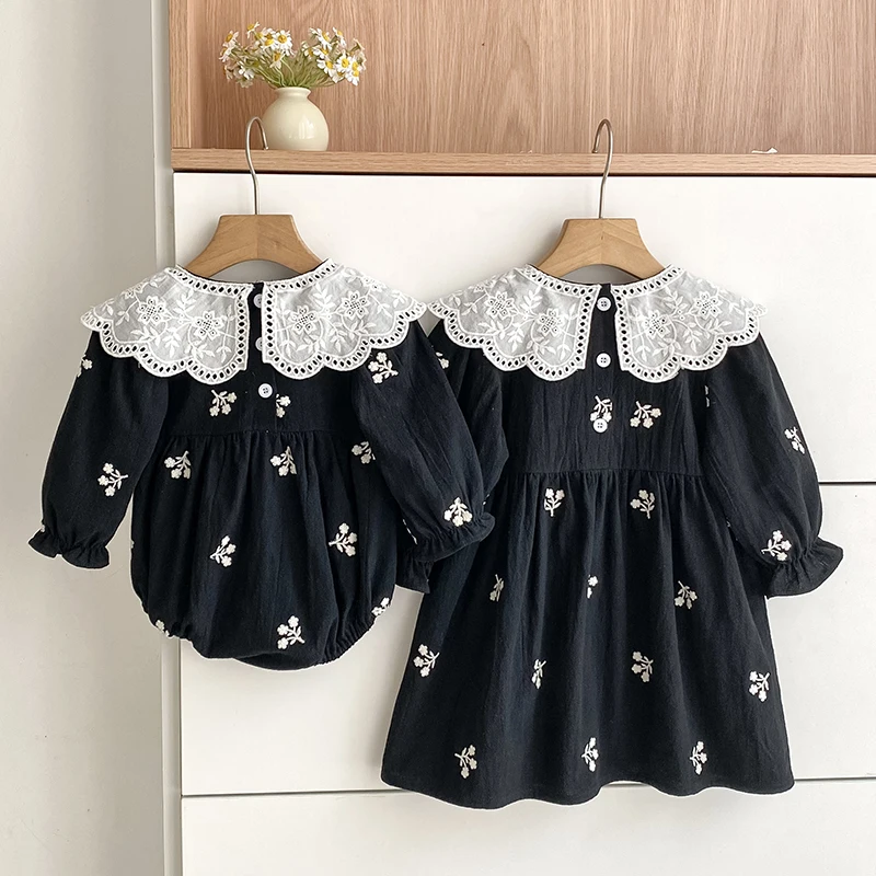 فستان أطفال لخريف 2025 للأخوات من عمر 0 إلى 7 سنوات فستان بناتي مطرز بالزهور فساتين أميرات للأطفال رومبير قطني للفتيات الصغيرات