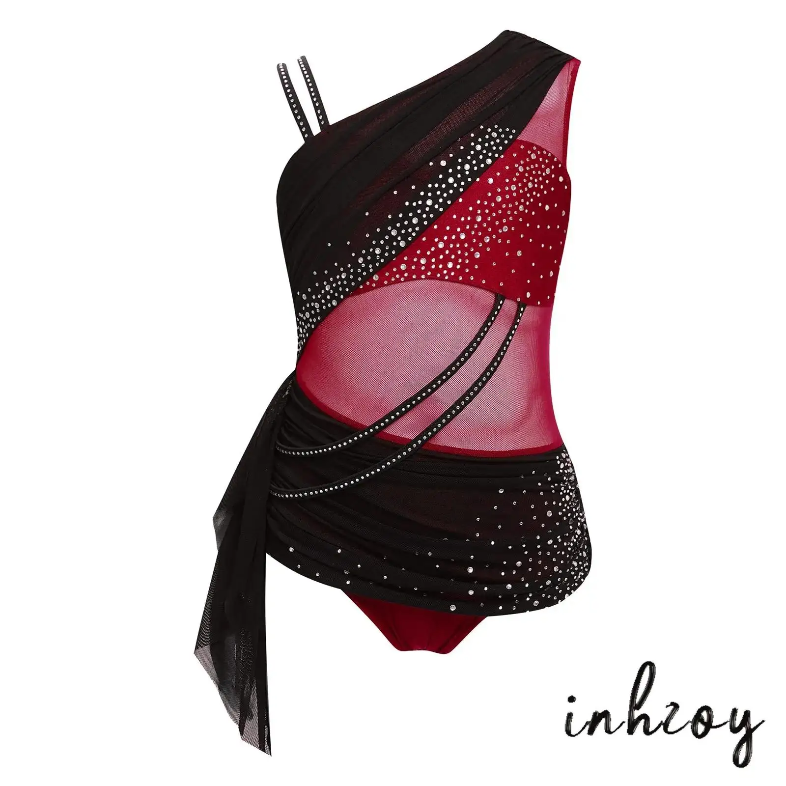 

Kids Girls Lyrical Ballet Dance Dress Sheer Mesh Ruched Overlay Rhinestones Ballet Latin Dress Color Block Tango Salsa Dress