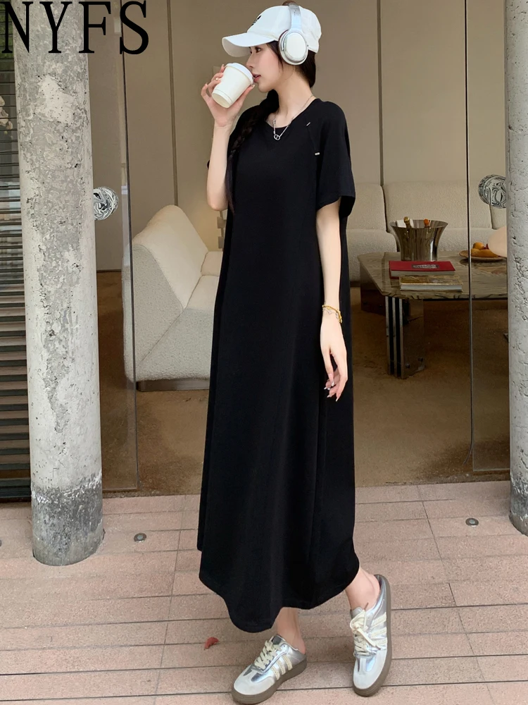 NYFS Tシャツサマードレス 2025 韓国スタイルの女性のルーズプラスサイズ半袖固体ロングドレスローブ Elbise