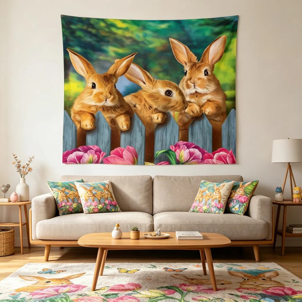 1PC Three Rabbit Fence Art Print Backdrop Banner, Bedroom Living Room Photo Background, Polyester, Home Decor, Wall Art