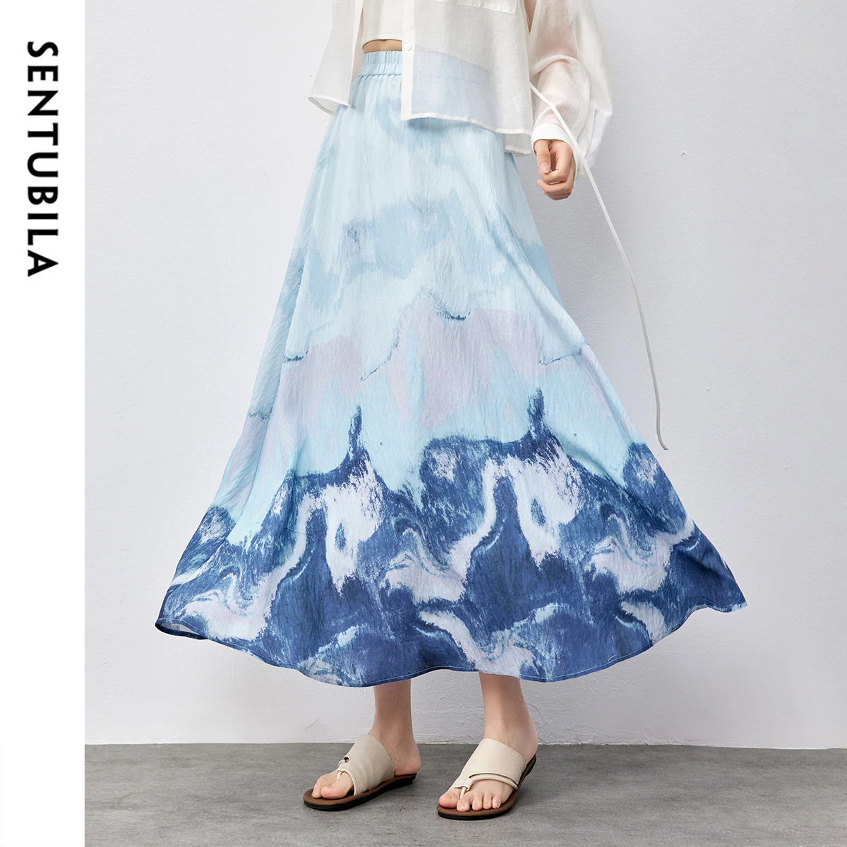 

SENTUBILA Artistic Style Women Skirt 2025 New Midi Blue Gradient Dyeing Elastic Waist Casual A-line Long Skirts 152Q58154