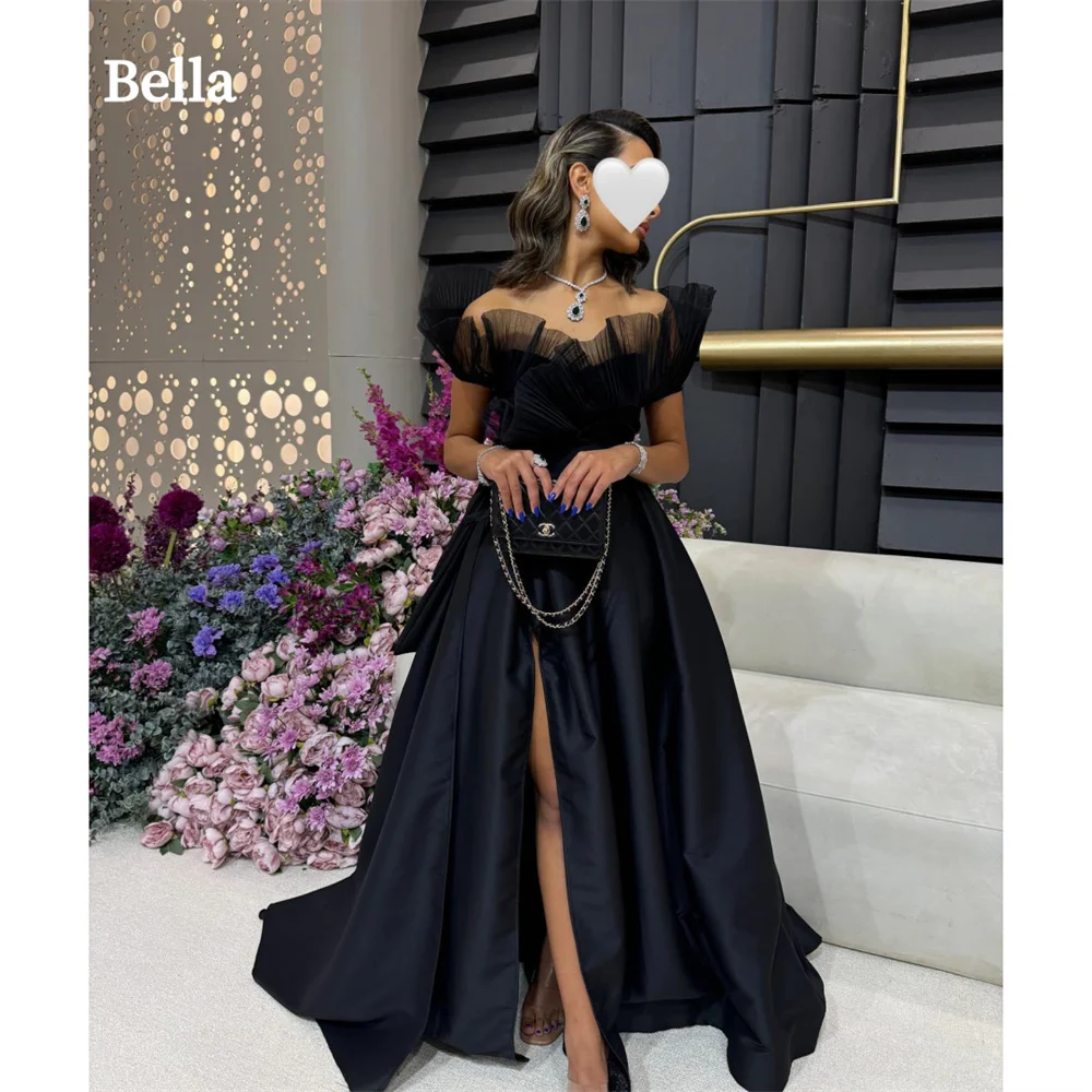 

Bella Satin Off the Shoulder Draped robes de soirée Side High Split Floor-Length Evening Dresses Valentines Day Wedding Dress