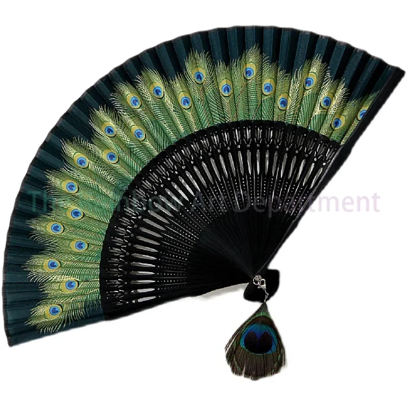 Chinese Style Peacock Fan Bamboo Fan Feather Classical Craft Female Dance Hanfu Pendant Retro Daily Use Ghatpot Silk Folding Fan