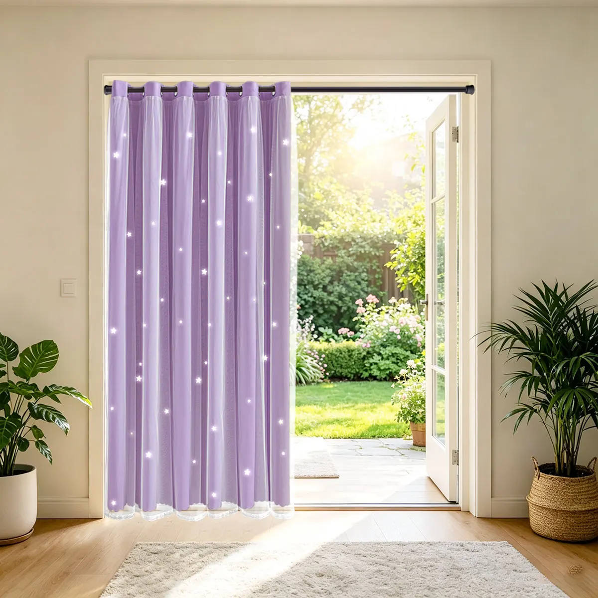 Lavender Double Layer Hollow Out Grommet Curtain 1 Panel, Star Cutout Lace Sheer, Scalloped Lace Edge Window Drape for Room