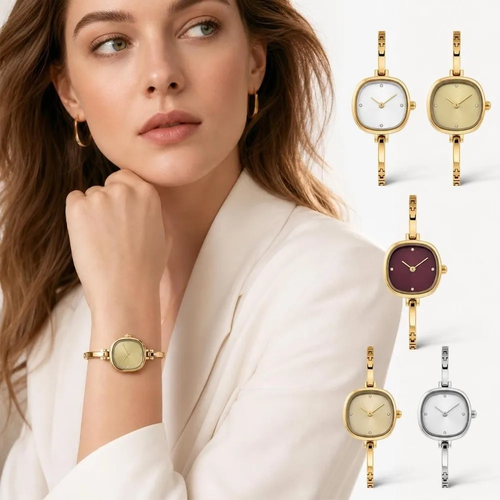 Solid Color Dial Square Bangle Watch Ultra-thin Curved Strap Thin Metal Bracelet Minimalist Watch for Women Ladies Wristwatch
