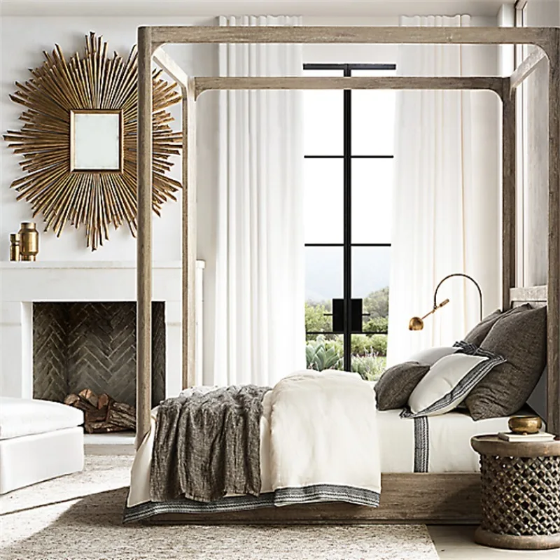 American Style Solid Wood Elevated Four Column Double Bed Large Bedroom Hotel Villa Model Room Furniture
