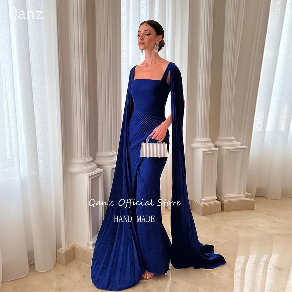 

Qanz Vintage Evening Dresses Mermaid Long Cap Sleeves Slit Satin Formal Occasion Dresses Pleat Abendkleider Dubai Customized