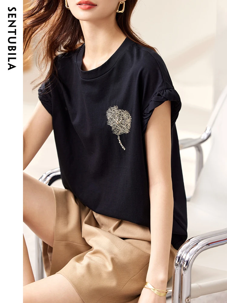 SENTUBILA Simple 100% Cotton Black T-Shirts Women 2024 Summer Short Sleeve Knit Tops Round Neck Loose Casual Female Tee Shirts