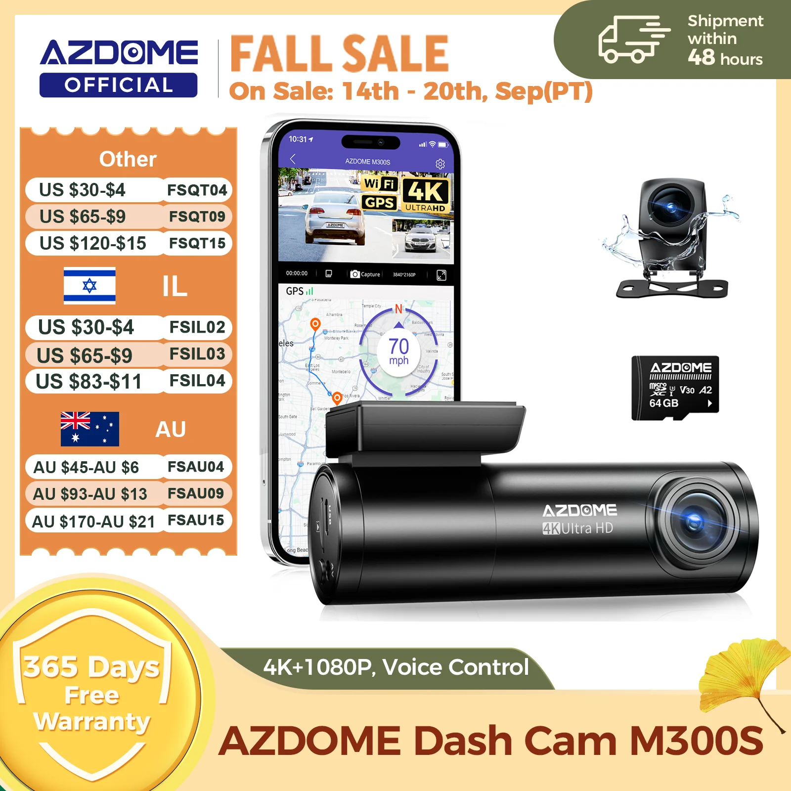 AZDOME M300S 4K Dash Cam Front and Rear, Built-in ADAS WiFi GPS Dash Camera for Cars, Free 64GB Card, Voice Control, Night Visio