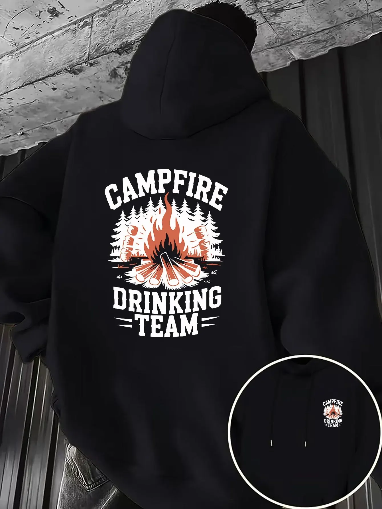 Men Camper Theme Hoodie Campfire Drinking Team Forest Bonfire Dual‑Position Print Hooded Sweatshirt Loose Fleece Hoodie