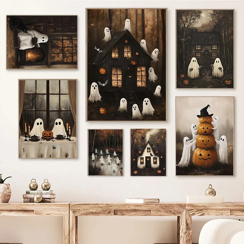 Cute Ghost Dark Scary Pumpkin Ghost Black Cat Retro Poster Autumn Halloween Canvas Paintings Wall Art Pictures Room Home Decor