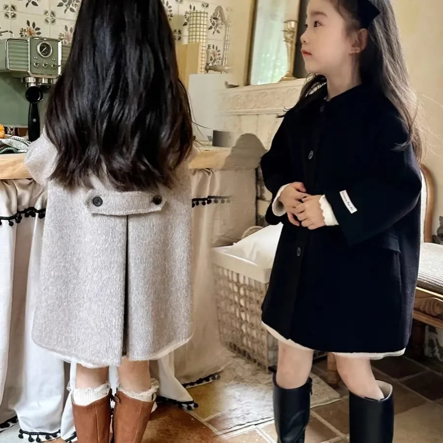 Kids Clothes Warm Warm Winter Thick Baby Girls Cotton Sweet Reversible Woolen Lapel Outwear Bow Sweet Princess Gray Black Jacket