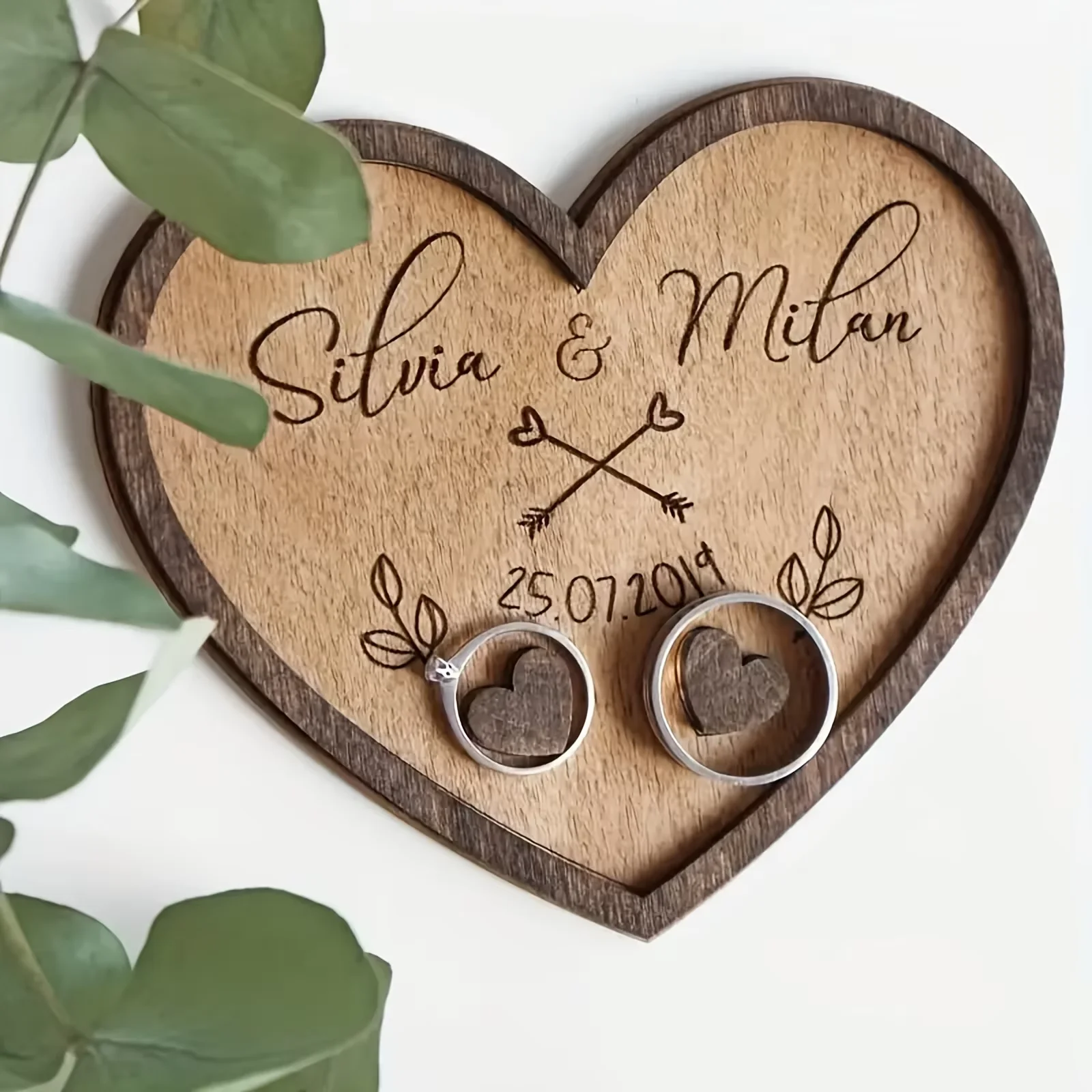 Wooden Wedding Ring Holder - a Heart-Shaped Ring Pillow for Ceremonies, Engraved with The Couple'S Names