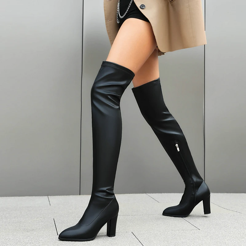 Shiny Gold Silver Pointed Toe Thick High Heels Women Over-the-knee Shoes Big Size 47 48 Zipper Black Stretch Over-knees Boots