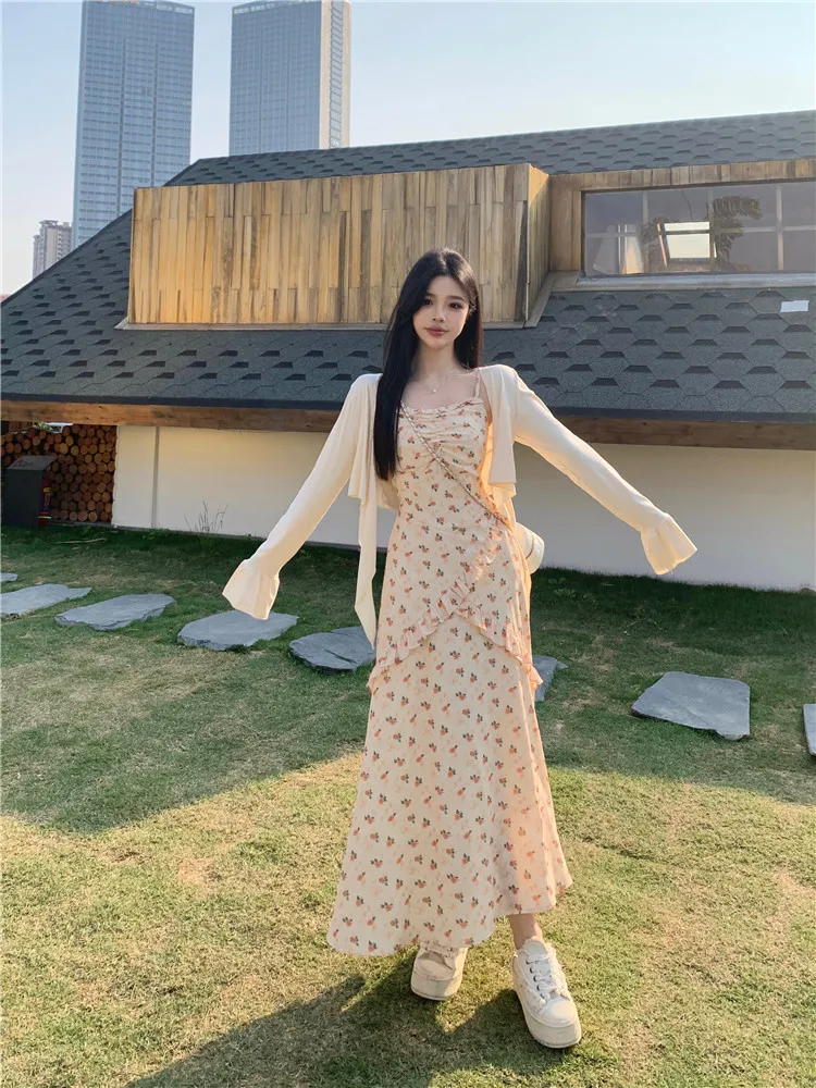 

plus Size Sweet Two-Piece Set Spring Summer New Style Sun Protection Cardigan Outerwear Floral Lace Trim Halter Dress